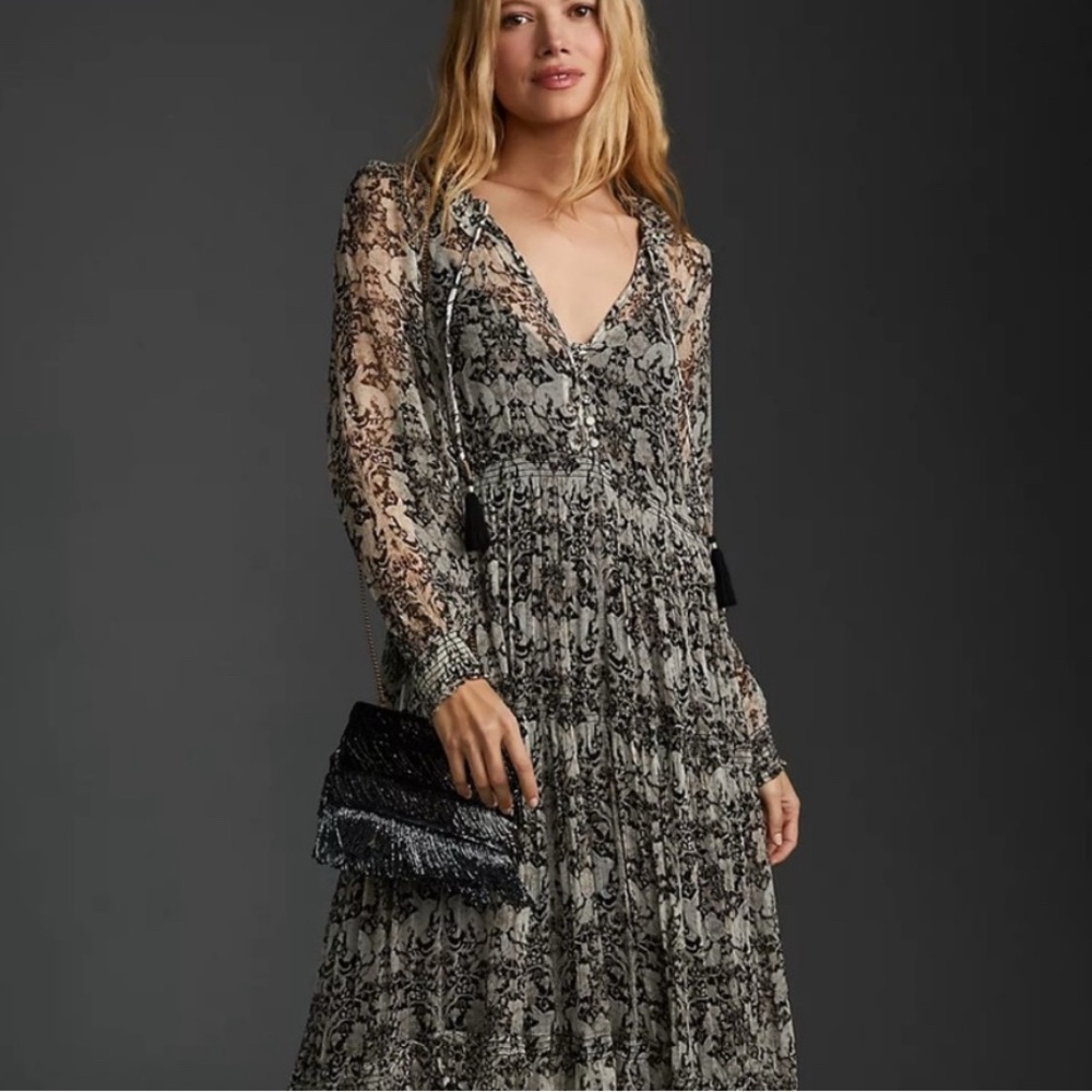Anthropologie Marais Black and White Print Chiffon Maxi Dress Size L